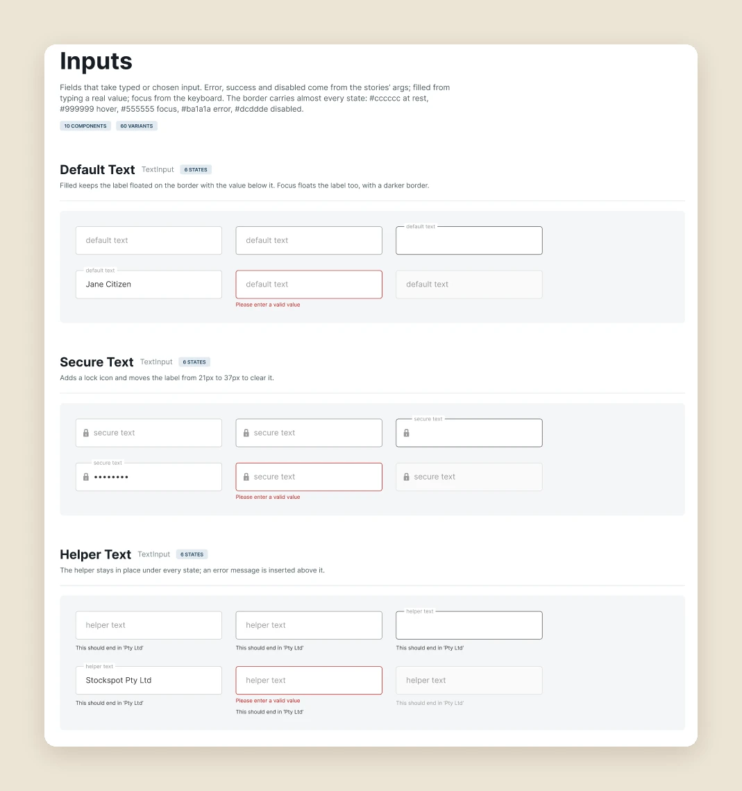 Input component documentation showing every state