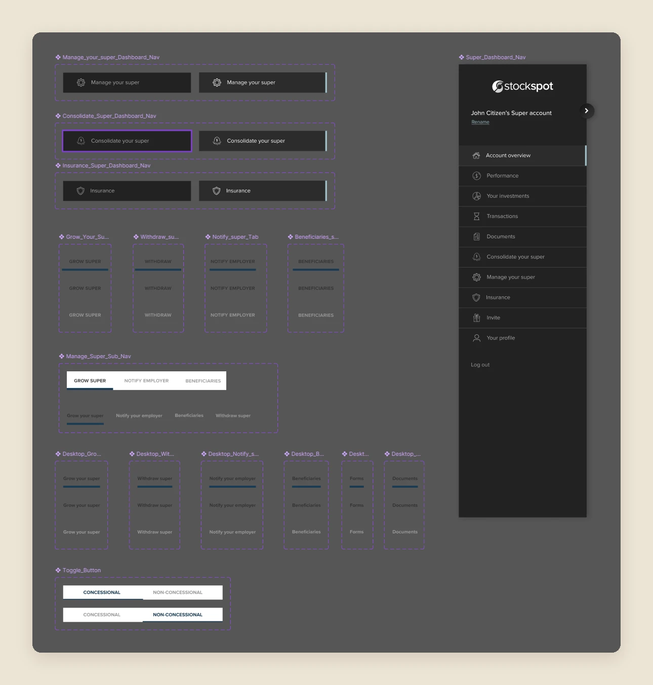 Super navigation components and dashboard sidebar in Figma