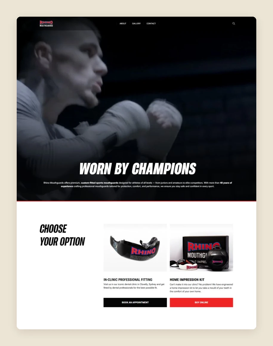Live Rhino homepage hero with clinic fitting and home impression kit options