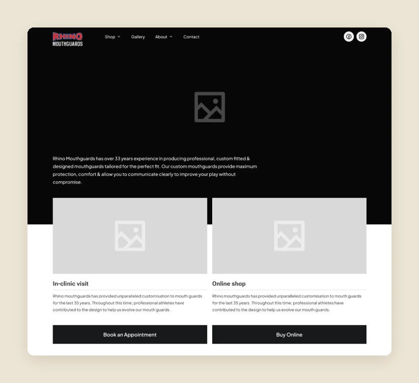 Wireframe of the Rhino homepage hero with clinic and online paths