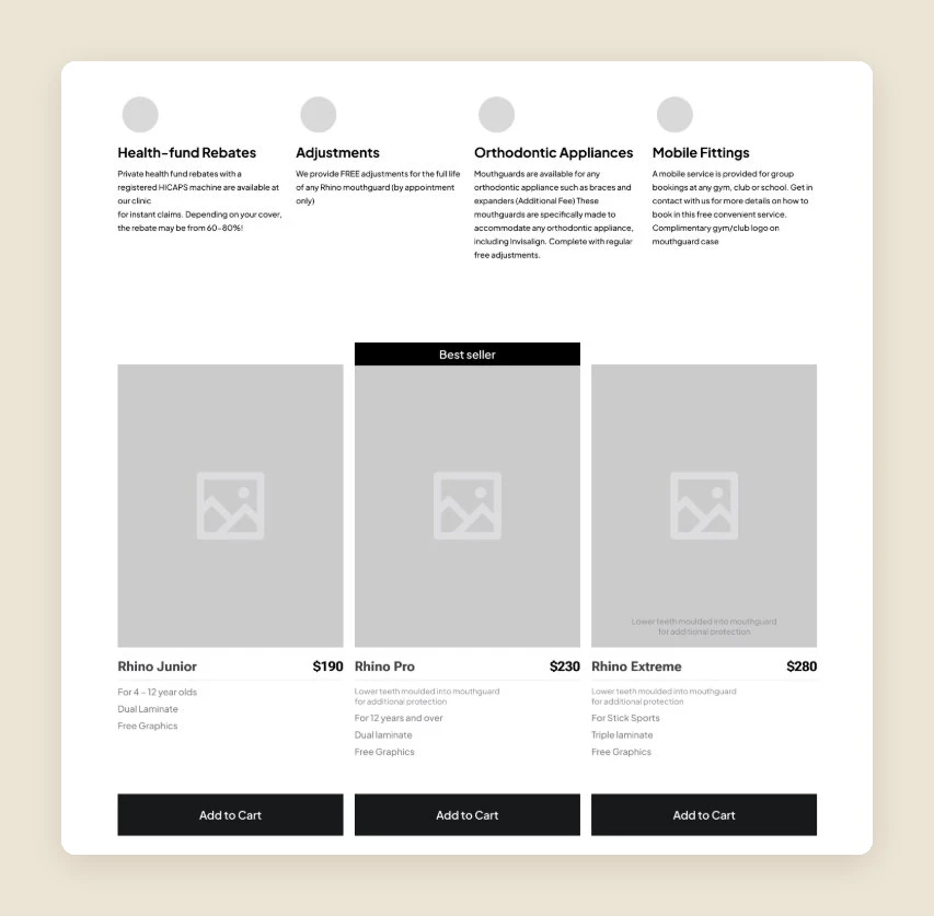 Wireframe of benefits and product tiers