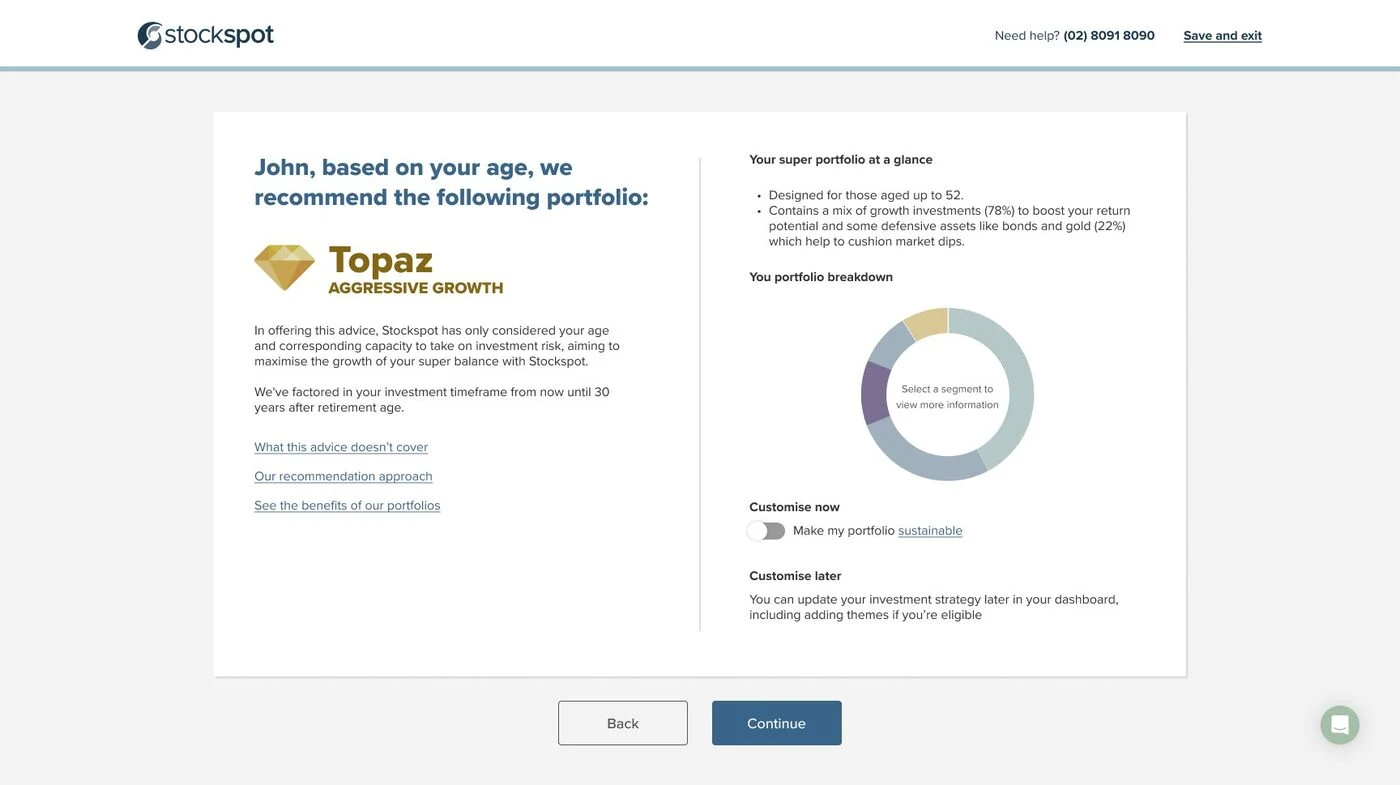 Stockspot signup, portfolio recommendation