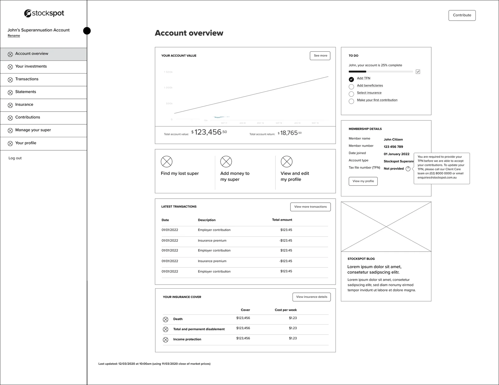 Super dashboard wireframe