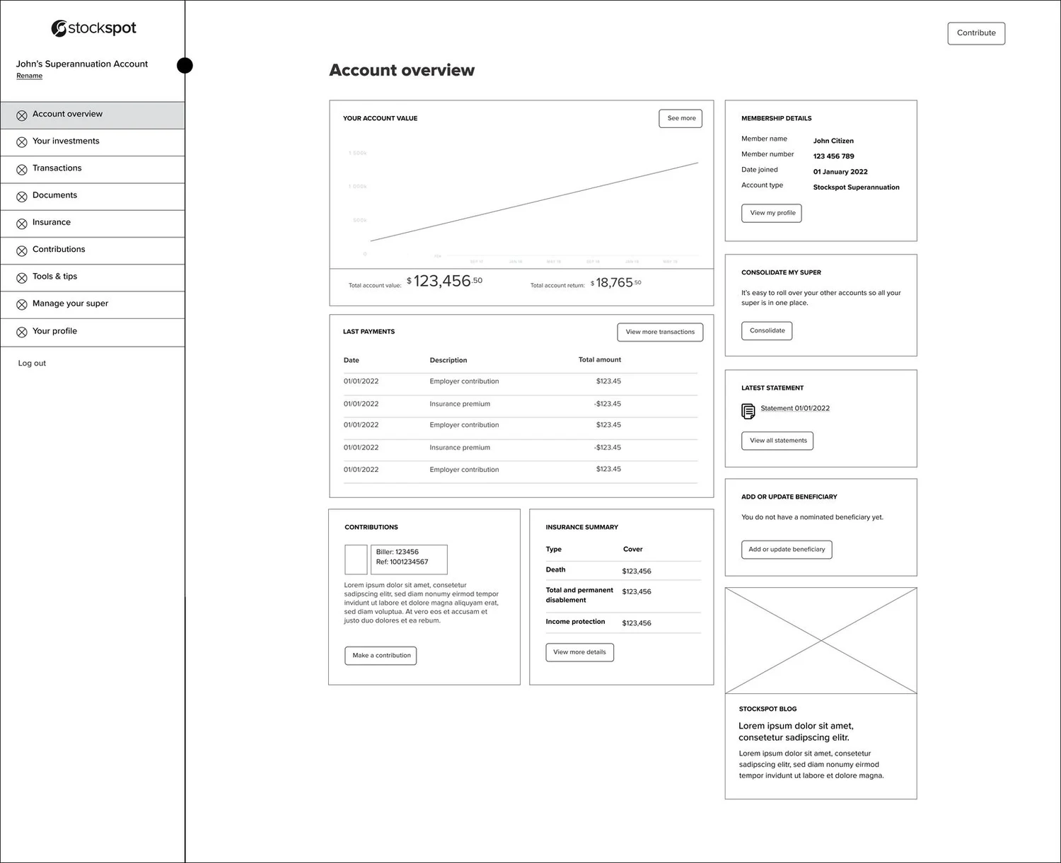 Dashboard wireframe